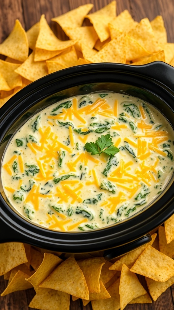 Creamy spinach and artichoke dip in a crockpot with tortilla chips on the side.
